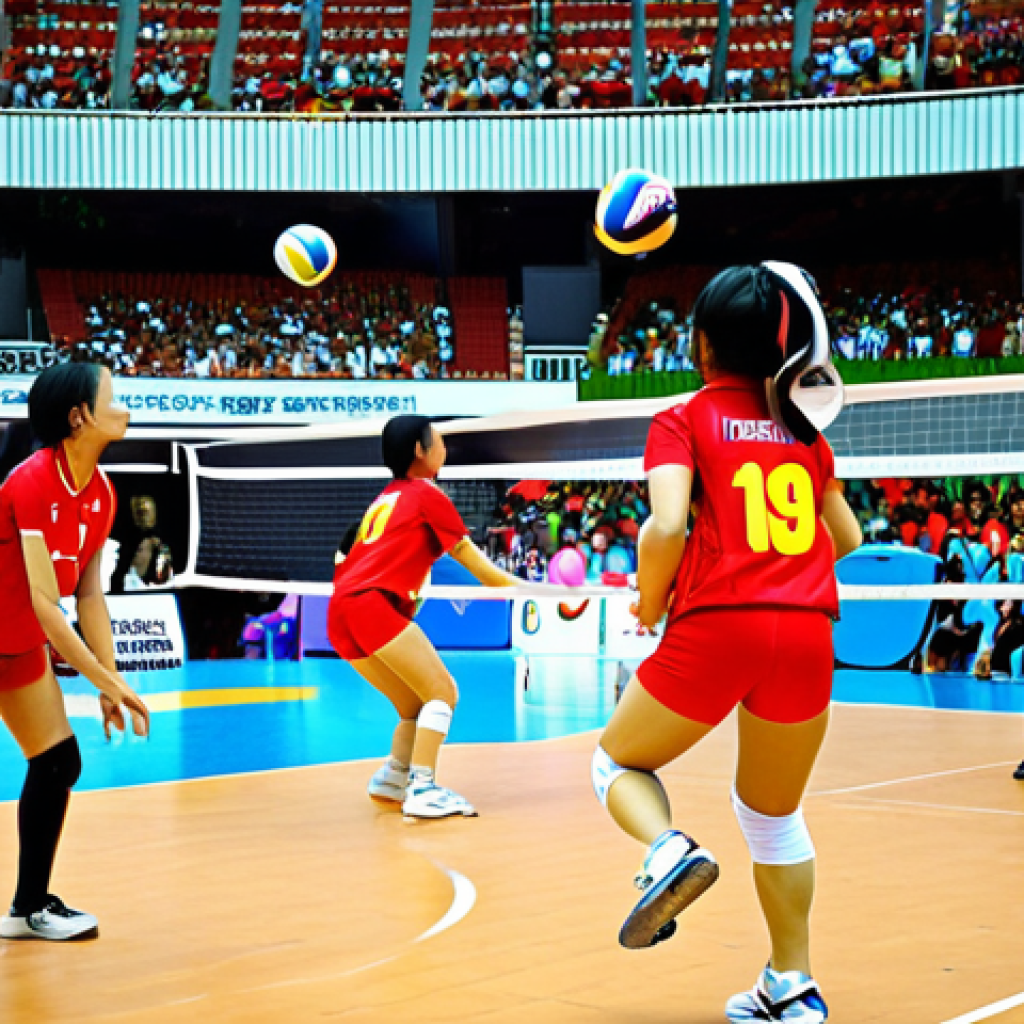 **

A dynamic volleyball game in Vietnam. Focus on a player skillfully setting the ball, concentrating intensely. Depict the vibrant colors of the team uniforms and the energy of the crowd in the background. Use a realistic style, capturing the athleticism and precision of the sport.

**