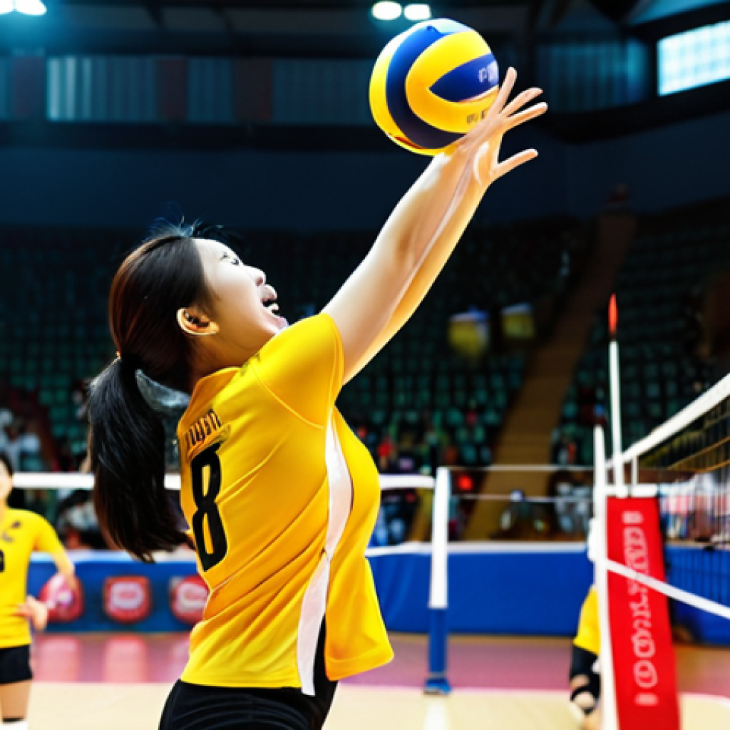 **

A dynamic action shot of a volleyball player spiking the ball during a match. Focus on the athleticism and power of the player.  Background should feature a brightly lit volleyball court with cheering fans blurred in the background. Consider adding elements of Vietnamese volleyball culture, such as team colors or banners.

**