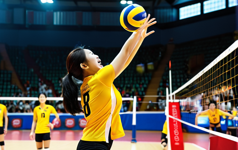 **
A dynamic action shot of a volleyball player spiking the ball during a match. Focus on the athleticism and power of the player. Background should feature a brightly lit volleyball court with cheering fans blurred in the background. Consider adding elements of Vietnamese volleyball culture, such as team colors or banners.
**
