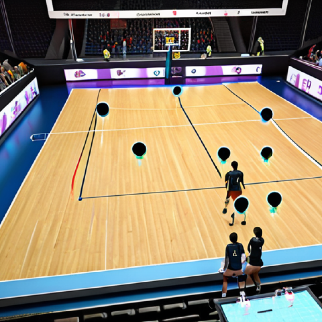 **

Action shot of a modern volleyball team in a brightly lit stadium. In the foreground, a holographic display shows data visualizations like heatmaps of player movement, ball trajectory predictions, and defensive positioning suggestions, all overlaid onto the court. Coaches on the sideline are looking at tablets, seemingly making strategic decisions based on the AI data. Focus on the energy and high-tech analysis in the scene.

**