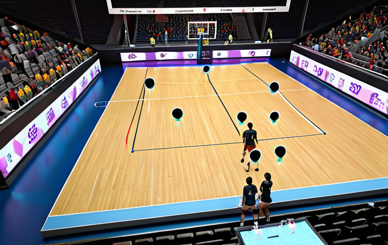 **
Action shot of a modern volleyball team in a brightly lit stadium. In the foreground, a holographic display shows data visualizations like heatmaps of player movement, ball trajectory predictions, and defensive positioning suggestions, all overlaid onto the court. Coaches on the sideline are looking at tablets, seemingly making strategic decisions based on the AI data. Focus on the energy and high-tech analysis in the scene.
**