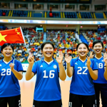 A diverse group of enthusiastic Vietnamese volleyball fans in a vibrant indoor stadium, fully clothed in modest, team-colored attire. Some fans are holding traditional fabric flags and hand-made banners with inspiring messages, while others wave modern light-up cheering sticks. The atmosphere is joyful and energetic, with fans smiling and cheering, expressing their unique passion for the game. The background shows a blurred volleyball court and bright stadium lights. Perfect anatomy, correct proportions, natural poses, well-formed hands, proper finger count, natural body proportions, professional photography, high quality, safe for work, appropriate content, family-friendly.