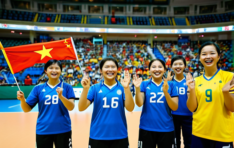 A diverse group of enthusiastic Vietnamese volleyball fans in a vibrant indoor stadium, fully clothed in modest, team-colored attire. Some fans are holding traditional fabric flags and hand-made banners with inspiring messages, while others wave modern light-up cheering sticks. The atmosphere is joyful and energetic, with fans smiling and cheering, expressing their unique passion for the game. The background shows a blurred volleyball court and bright stadium lights. Perfect anatomy, correct proportions, natural poses, well-formed hands, proper finger count, natural body proportions, professional photography, high quality, safe for work, appropriate content, family-friendly.