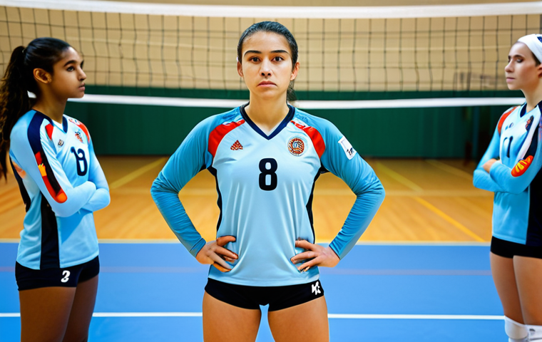 A professional female volleyball player, fully clothed in a modest, appropriate team uniform, stands on a brightly lit indoor volleyball court. She is in a natural pose, looking determined and focused, with her teammates in a strategic huddle in the background. The scene conveys a sense of unity and concentration. Perfect anatomy, correct proportions, well-formed hands, proper finger count, natural body proportions, professional photography, high quality, safe for work, appropriate content, family-friendly.