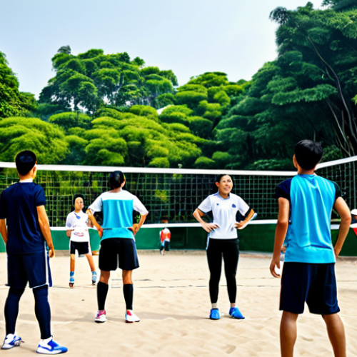 Home 23 A dynamic wide shot of a diverse group of male and female adult volleyball players in a vibrant outdoor public park volleyball court in Vietnam. They are actively engaged in a game, with one player mid-jump to spike the ball, while teammates prepare to block and receive. All players are fully clothed in modest, professional sportswear, exhibiting energetic and focused expressions. The background shows lush green trees and an urban skyline under bright daylight. The image conveys teamwork, athleticism, and a healthy lifestyle, with a sense of community. High-resolution, professional sports photography, sharp focus, natural colors, safe for work, appropriate content, fully clothed, family-friendly, perfect anatomy, correct proportions, natural pose, well-formed hands, proper finger count, natural body proportions.