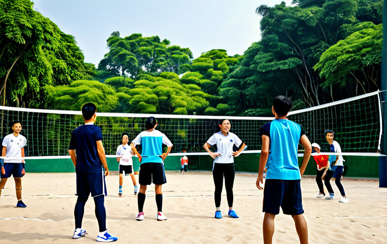 A dynamic wide shot of a diverse group of male and female adult volleyball players in a vibrant outdoor public park volleyball court in Vietnam. They are actively engaged in a game, with one player mid-jump to spike the ball, while teammates prepare to block and receive. All players are fully clothed in modest, professional sportswear, exhibiting energetic and focused expressions. The background shows lush green trees and an urban skyline under bright daylight. The image conveys teamwork, athleticism, and a healthy lifestyle, with a sense of community. High-resolution, professional sports photography, sharp focus, natural colors, safe for work, appropriate content, fully clothed, family-friendly, perfect anatomy, correct proportions, natural pose, well-formed hands, proper finger count, natural body proportions.