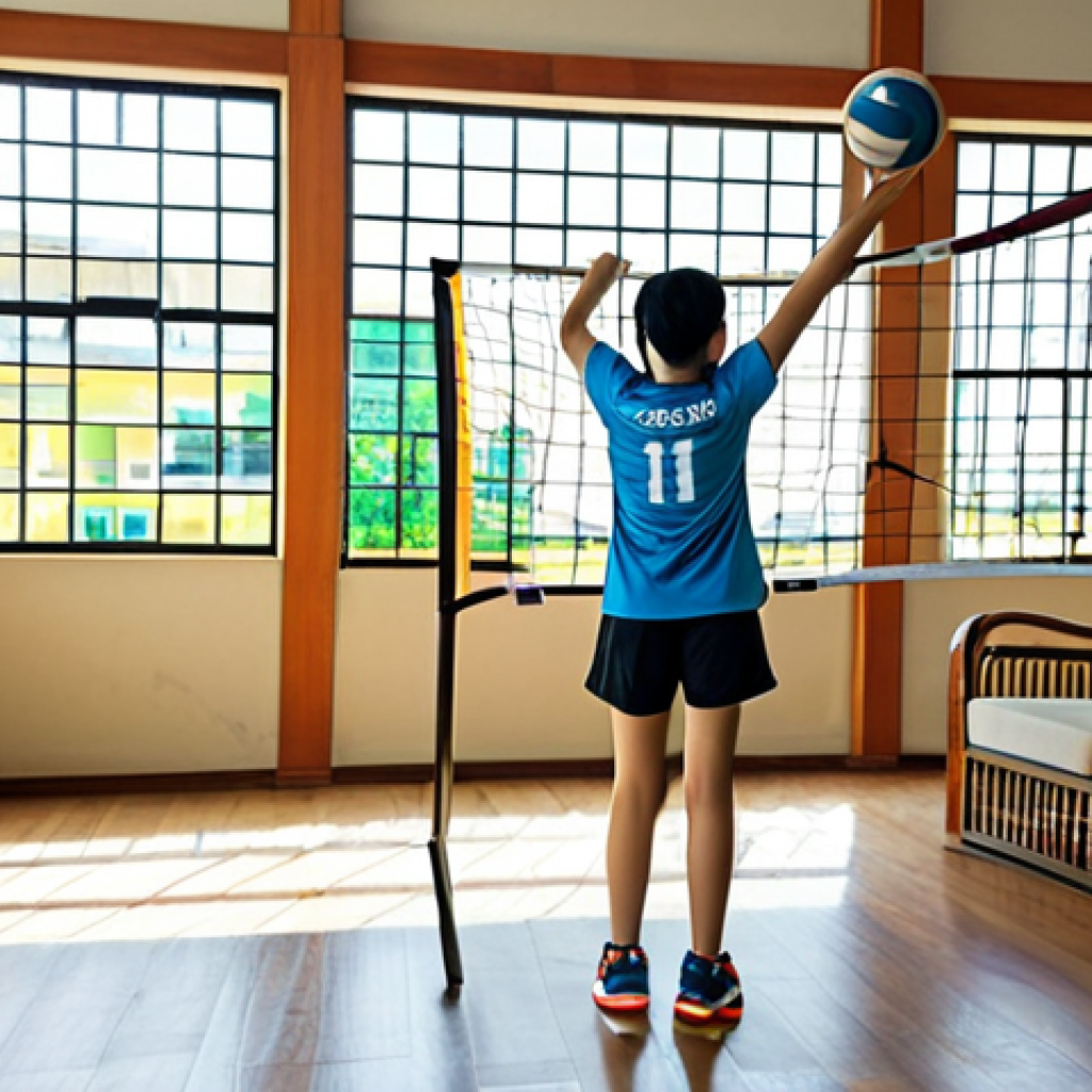 **

A cozy living room transformed into a mini volleyball practice area. A young Vietnamese woman, fully clothed in athletic wear (T-shirt and shorts are fine), practices passing a volleyball against a cushioned armchair. A makeshift volleyball net made from rope is strung across the room. Sunlight streams in through a window. Safe for work, appropriate content, professional photograph, natural lighting, family-friendly, fully clothed, perfect anatomy.

**