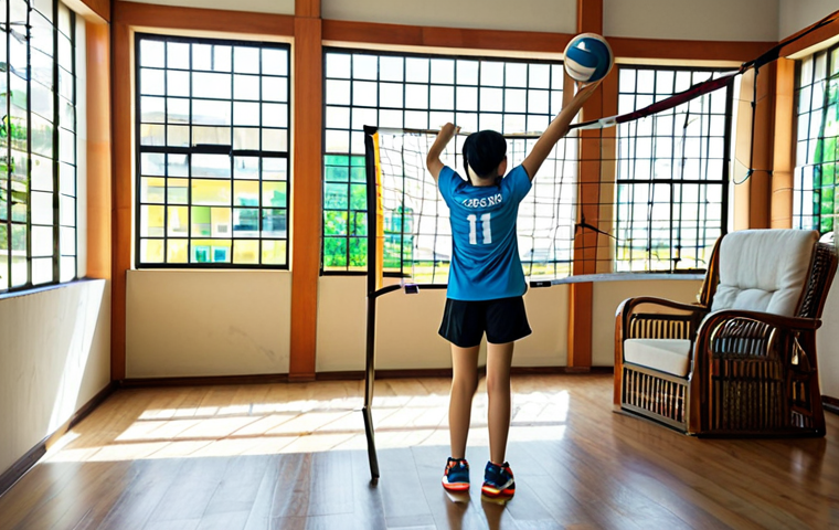 **
A cozy living room transformed into a mini volleyball practice area. A young Vietnamese woman, fully clothed in athletic wear (T-shirt and shorts are fine), practices passing a volleyball against a cushioned armchair. A makeshift volleyball net made from rope is strung across the room. Sunlight streams in through a window. Safe for work, appropriate content, professional photograph, natural lighting, family-friendly, fully clothed, perfect anatomy.
**