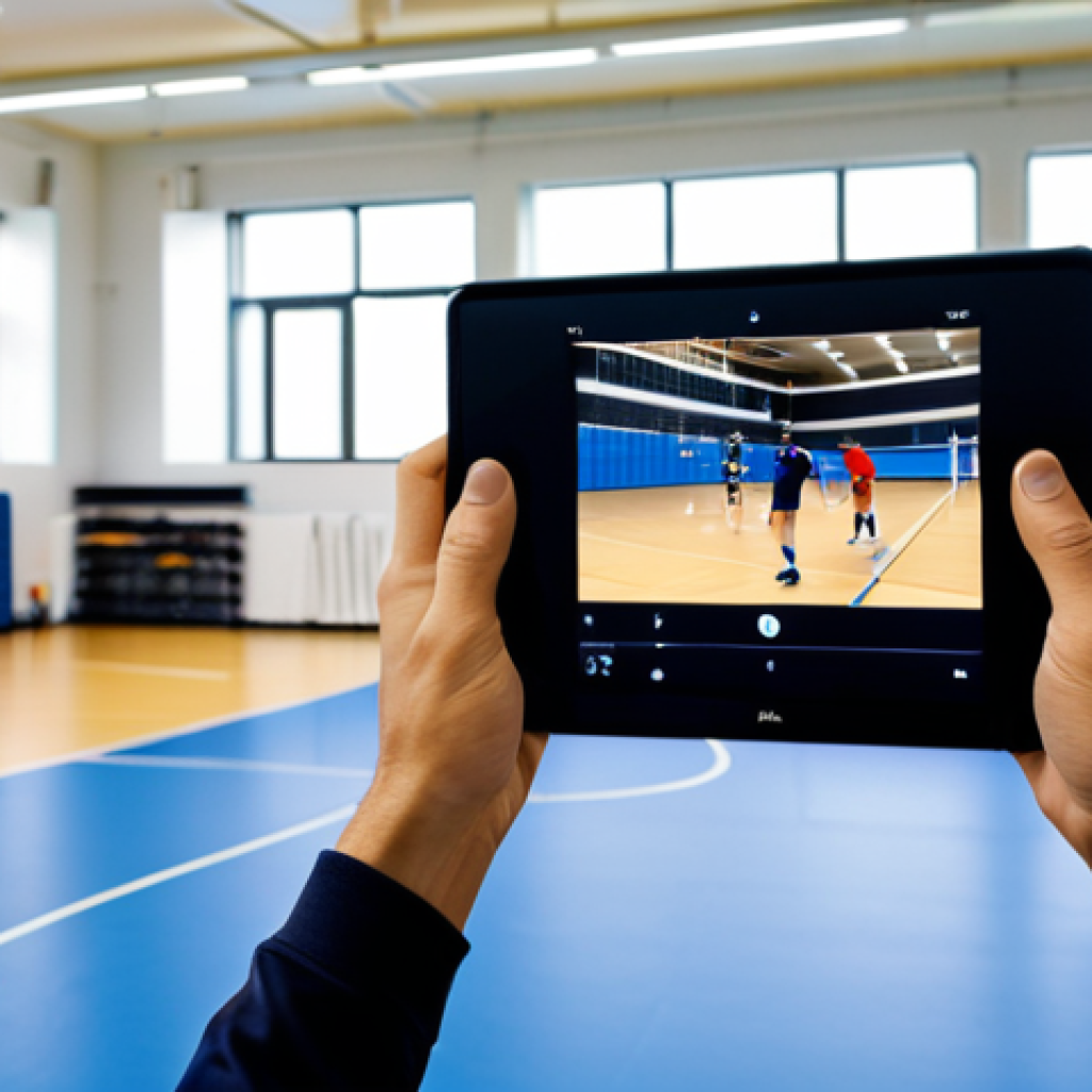 "A professional volleyball coach analyzing video footage of a game, fully clothed in athletic wear, in a brightly lit training room, safe for work, appropriate content, perfect anatomy, natural proportions, professional environment, modest clothing, family-friendly."