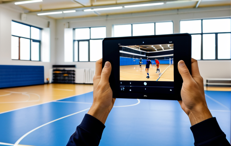 "A professional volleyball coach analyzing video footage of a game, fully clothed in athletic wear, in a brightly lit training room, safe for work, appropriate content, perfect anatomy, natural proportions, professional environment, modest clothing, family-friendly."