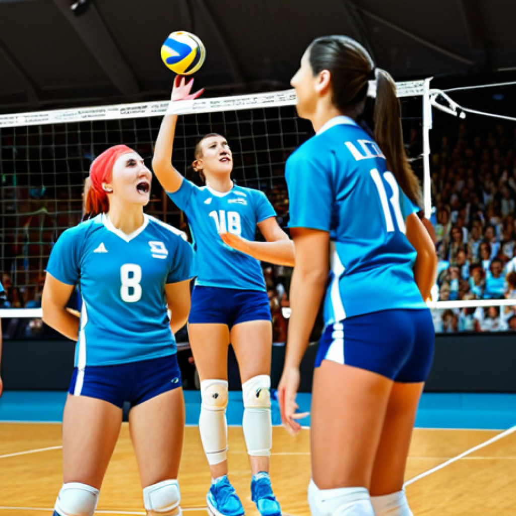 **
"A professional female volleyball team in modest, colorful uniforms, spikes the ball during a game in a modern indoor stadium filled with cheering fans, fully clothed, appropriate content, safe for work, perfect anatomy, natural proportions, dynamic action shot, bright lighting, professional sports photography, high quality."
**