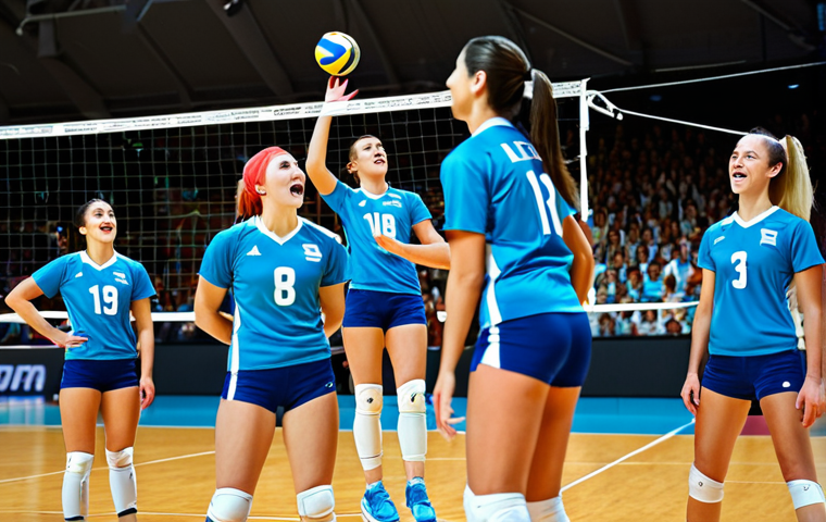 **
"A professional female volleyball team in modest, colorful uniforms, spikes the ball during a game in a modern indoor stadium filled with cheering fans, fully clothed, appropriate content, safe for work, perfect anatomy, natural proportions, dynamic action shot, bright lighting, professional sports photography, high quality."
**
