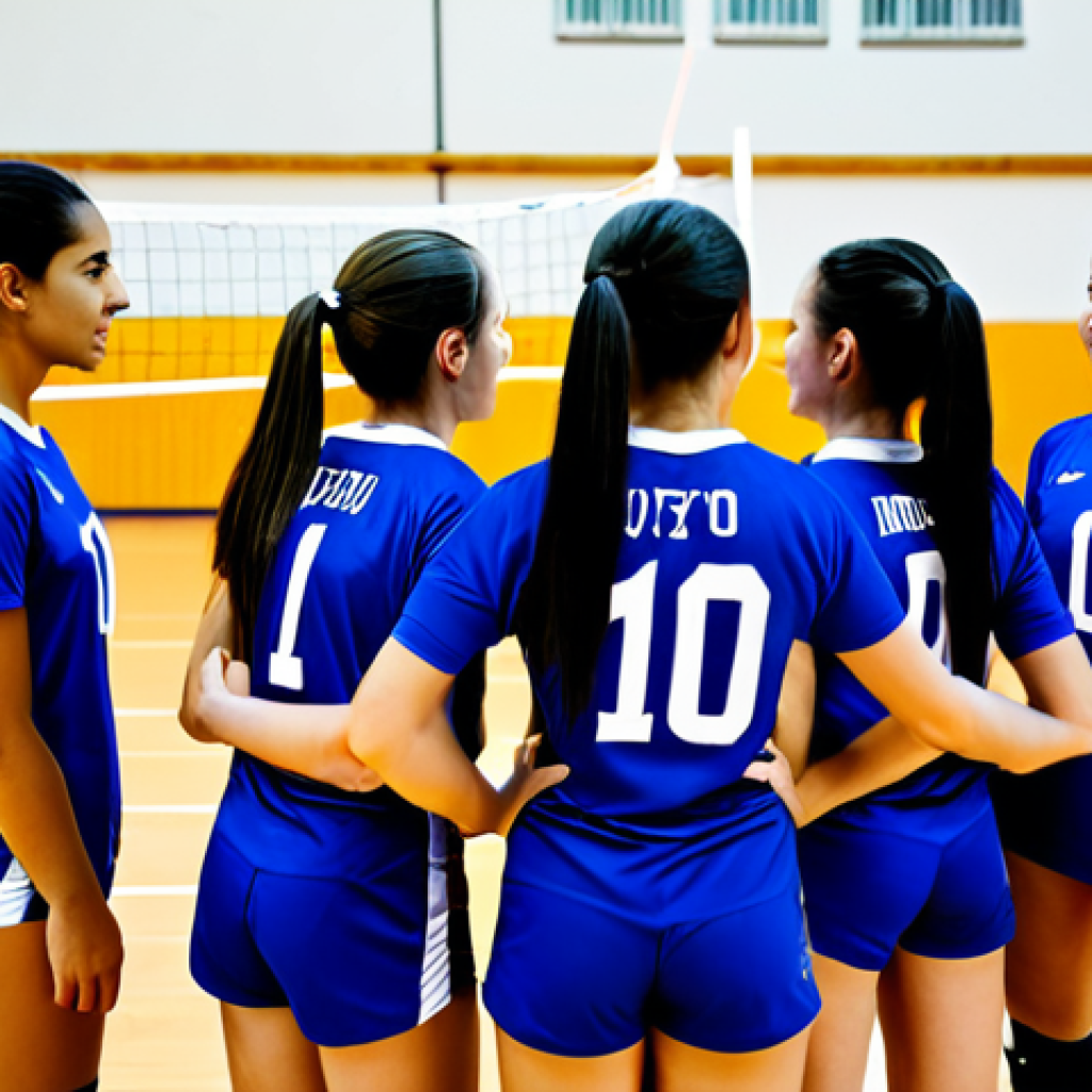 **Image Prompt 1: Team Huddle**

A volleyball team huddled together, fully clothed in sports uniforms, listening attentively to their captain. They are in a brightly lit indoor volleyball court, focusing on teamwork and strategy. The atmosphere is positive and supportive. Perfect anatomy, correct proportions, well-formed hands, proper finger count, natural body proportions. Safe for work, appropriate content, fully clothed, professional, family-friendly.