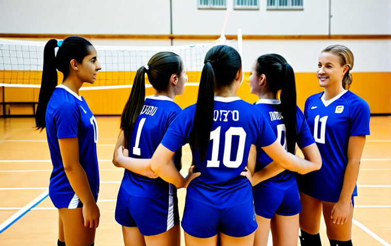 **Image Prompt 1: Team Huddle**
A volleyball team huddled together, fully clothed in sports uniforms, listening attentively to their captain. They are in a brightly lit indoor volleyball court, focusing on teamwork and strategy. The atmosphere is positive and supportive. Perfect anatomy, correct proportions, well-formed hands, proper finger count, natural body proportions. Safe for work, appropriate content, fully clothed, professional, family-friendly.