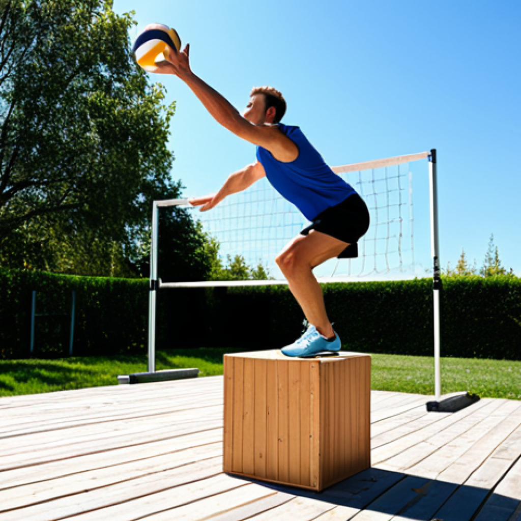**Plyometrics Training:** "A volleyball player performing a box jump on a wooden box outdoors, athletic apparel, dynamic pose, sunny day, training hard, perfect anatomy, correct proportions, natural pose, safe for work, appropriate content, fully clothed, professional, high quality."