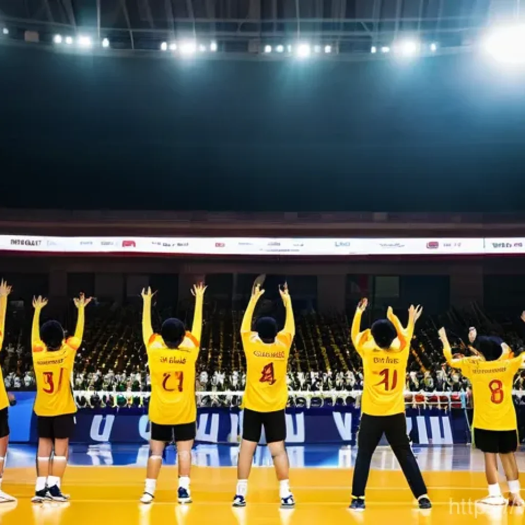 배구 경기장에서 지켜야 할 규칙 - **Prompt:** A diverse group of Vietnamese volleyball fans, including enthusiastic young adults, fami...