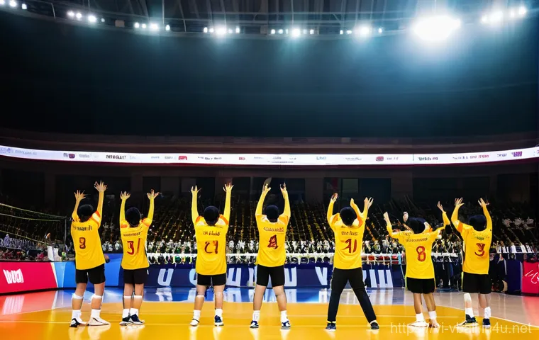 배구 경기장에서 지켜야 할 규칙 - **Prompt:** A diverse group of Vietnamese volleyball fans, including enthusiastic young adults, fami...