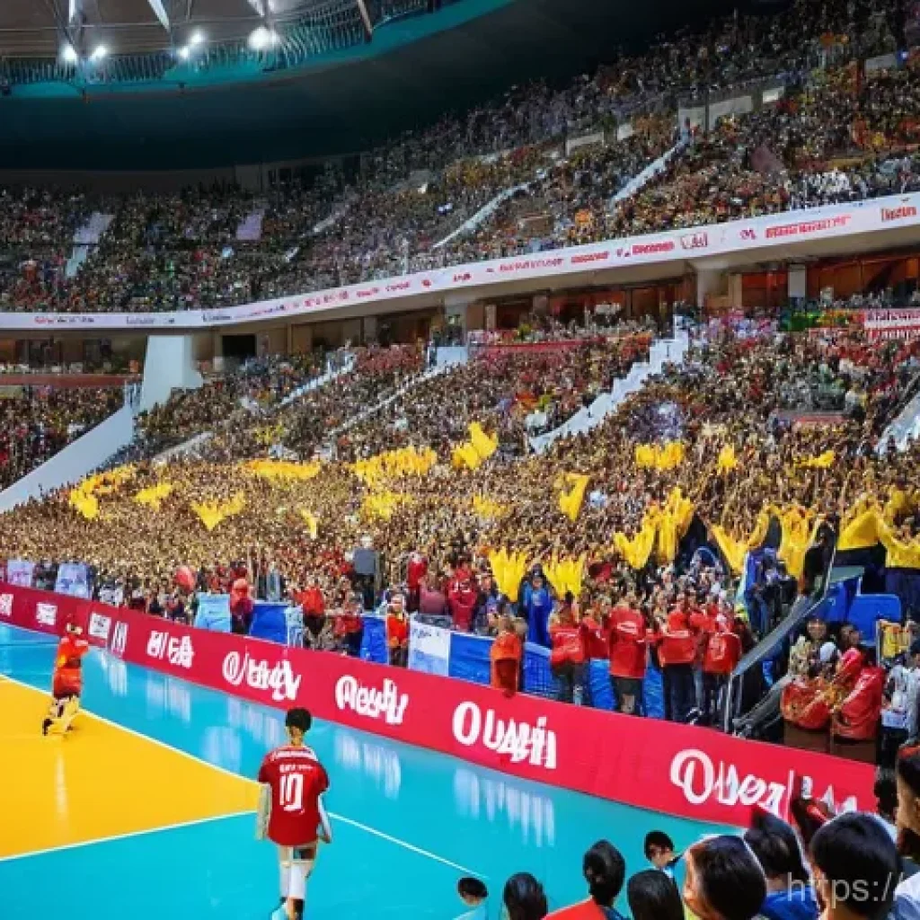 배구 팀 서포터즈 활동 - **Prompt 1: "A dynamic, wide-angle shot of a packed indoor volleyball stadium crowd, intensely cheer...