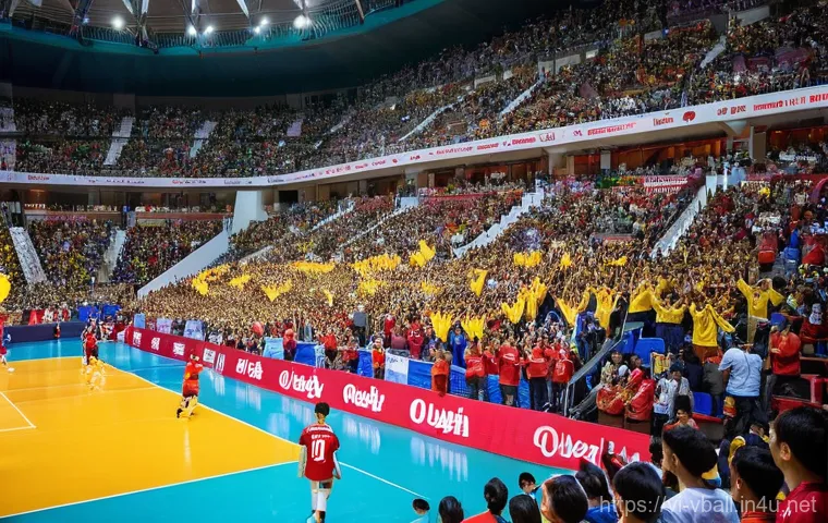 배구 팀 서포터즈 활동 - **Prompt 1: "A dynamic, wide-angle shot of a packed indoor volleyball stadium crowd, intensely cheer...