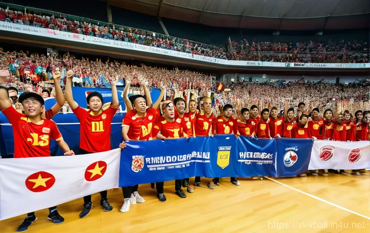 배구 팀 서포터즈 활동 - **Prompt 2: "A close-up, energetic portrait of a diverse group of young Vietnamese volleyball fans, ...