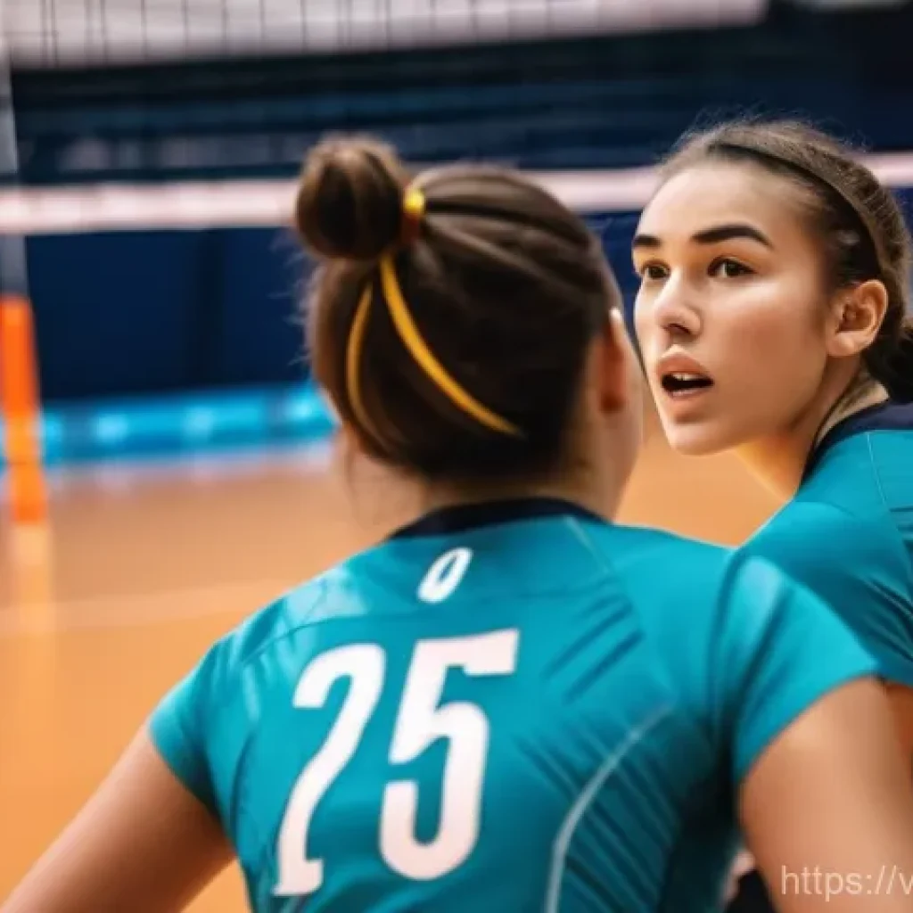 배구 경기에서 팀워크 향상 - A dynamic, close-up shot of a co-ed volleyball team during an intense match. Focus on two players ma...