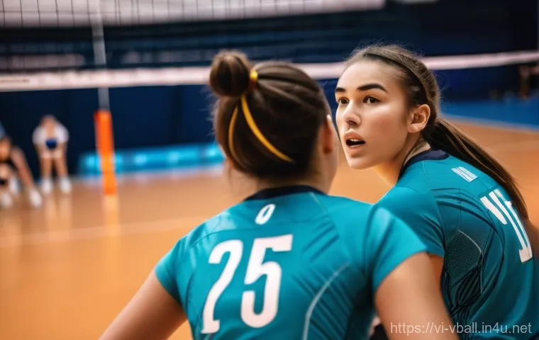 배구 경기에서 팀워크 향상 - A dynamic, close-up shot of a co-ed volleyball team during an intense match. Focus on two players ma...