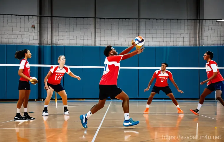 배구 경기에서 팀워크 향상 - A dynamic, close-up shot of a co-ed volleyball team during an intense match. Focus on two players ma...