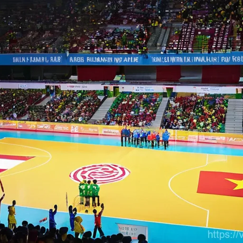 배구 관련 이벤트 기획 - **Prompt:** A grand, vibrant indoor volleyball arena in Vietnam, buzzing with excitement during an o...