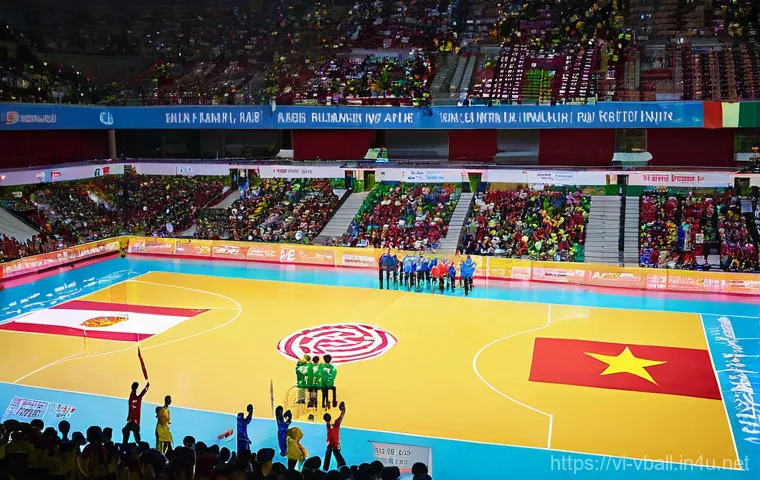 배구 관련 이벤트 기획 - **Prompt:** A grand, vibrant indoor volleyball arena in Vietnam, buzzing with excitement during an o...