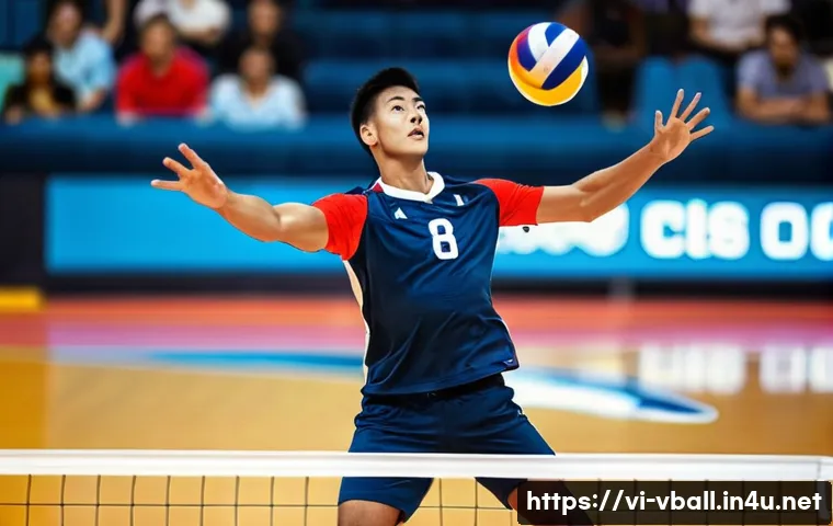 배구의 주요 기술 용어 - **Prompt: "A dynamic male volleyball player, mid-air, performing a powerful jump serve. His body is ...
