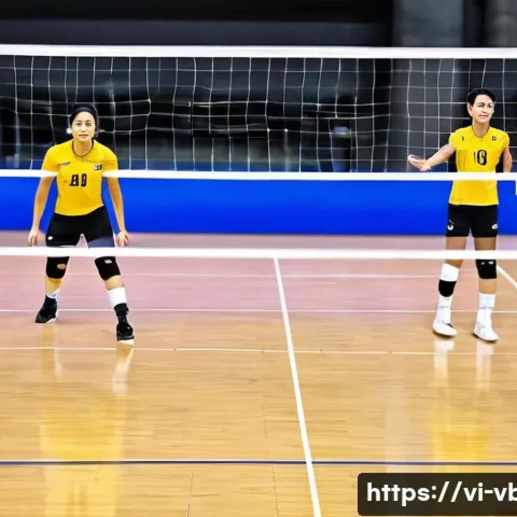 배구 전술 분석 도구 - A dynamic volleyball court scene featuring multiple players in athletic sportswear and knee pads, ac...