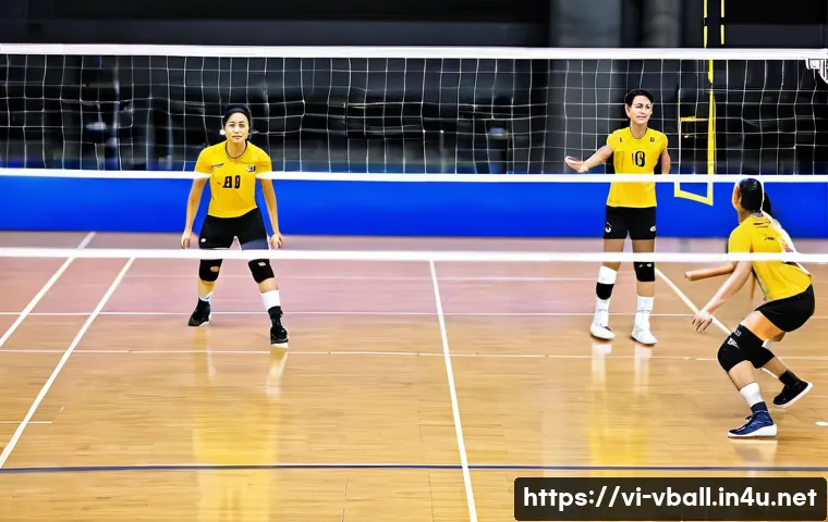 배구 전술 분석 도구 - A dynamic volleyball court scene featuring multiple players in athletic sportswear and knee pads, ac...