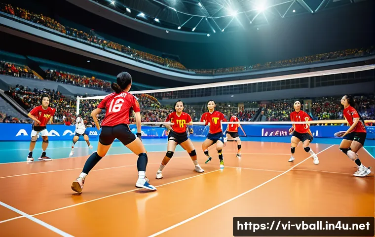 배구의 주요 스토리 - A dynamic volleyball match scene featuring Vietnamese athletes performing a variety of serves includ...