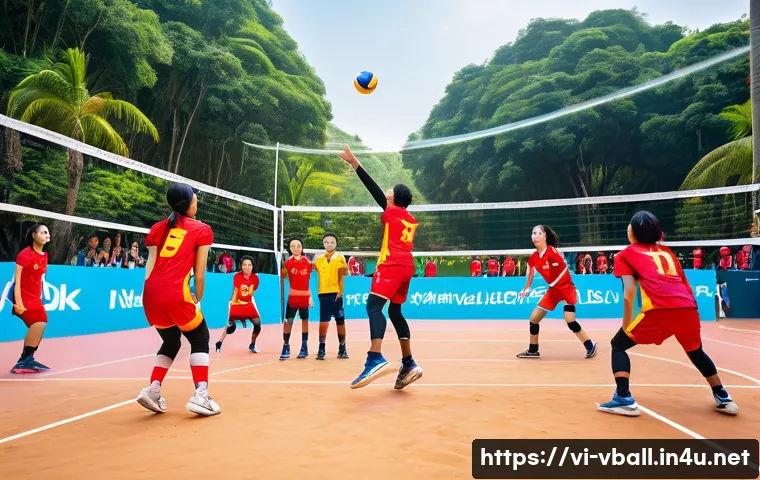 배구 경기의 주요 포인트 - A dynamic volleyball match scene on a vibrant outdoor court in Vietnam, showcasing a well-coordinate...