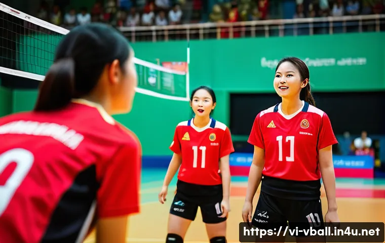 배구 경기 중 팀워크 훈련 - A dynamic indoor volleyball match scene featuring a diverse Vietnamese volleyball team in coordinate...