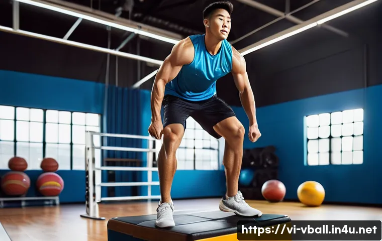 배구 선수의 훈련 루틴 - A dynamic scene of a Vietnamese male volleyball athlete performing plyometric box jumps in a modern ...