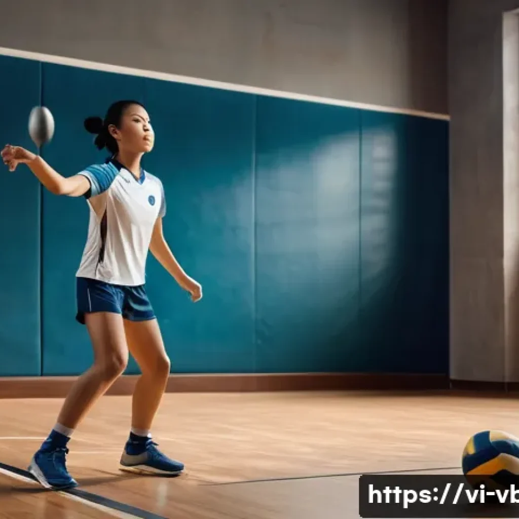 배구 관련 온라인 강의 - A young Vietnamese volleyball player practicing accurate forearm passing against a wall in a small i...