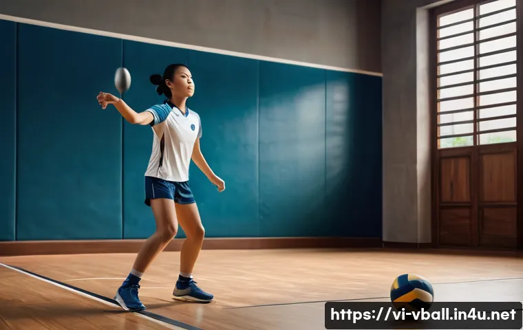 배구 관련 온라인 강의 - A young Vietnamese volleyball player practicing accurate forearm passing against a wall in a small i...