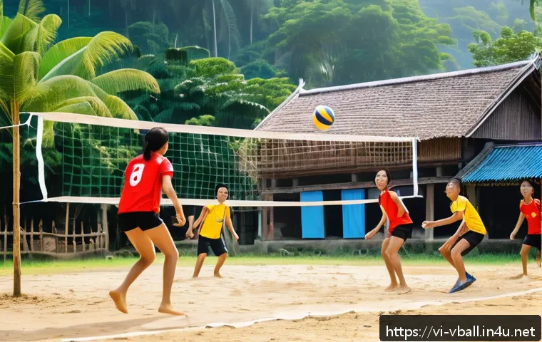 배구의 역사 - A vibrant outdoor volleyball match in a Vietnamese rural village setting, featuring male and female ...