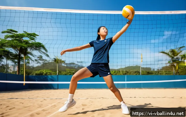 배구 훈련 중 부상 대처 - A dynamic volleyball training scene featuring a young Vietnamese athlete wearing breathable sportswe...