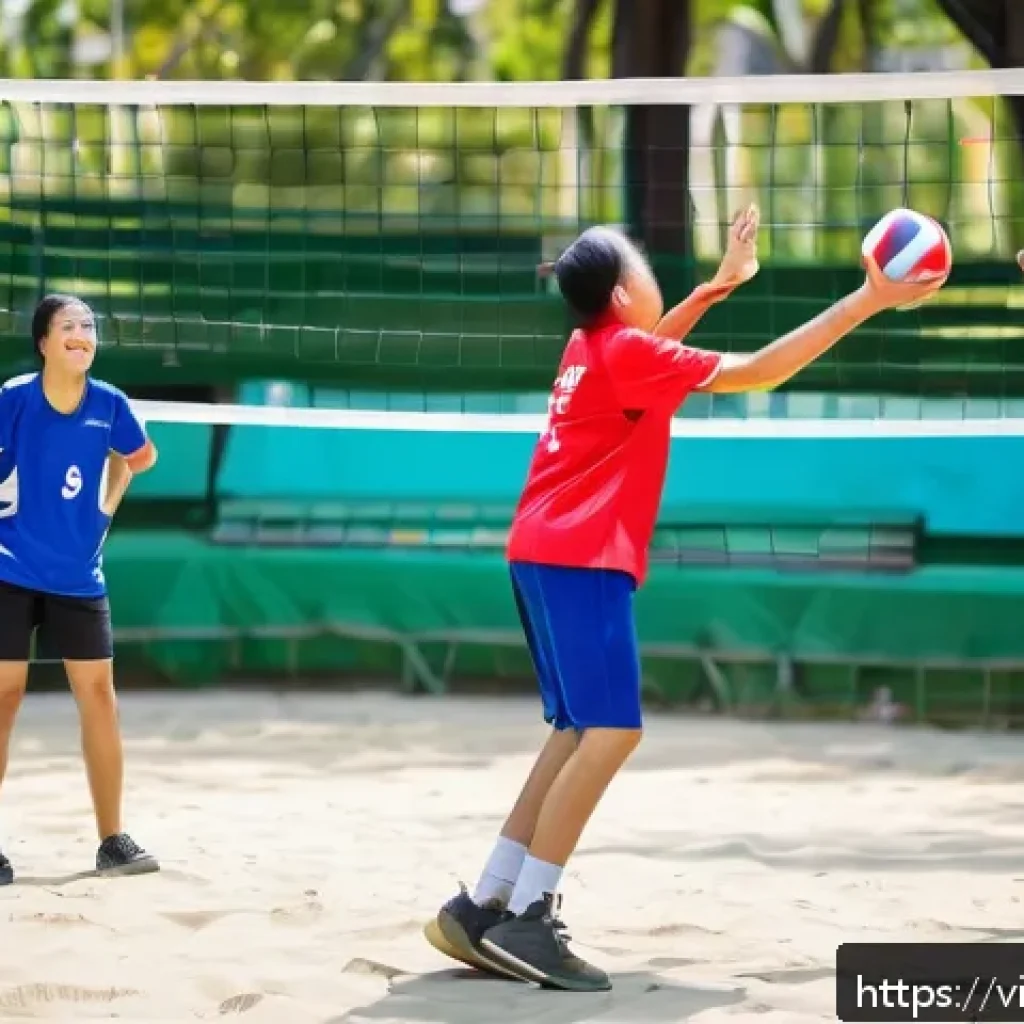 배구 애호가 모임 - A lively outdoor volleyball court in Ho Chi Minh City’s District 3 during a sunny afternoon, surroun...