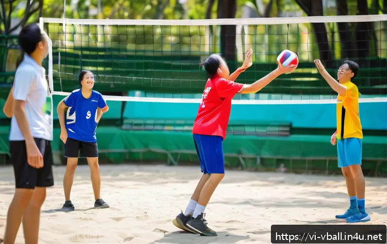 배구 애호가 모임 - A lively outdoor volleyball court in Ho Chi Minh City’s District 3 during a sunny afternoon, surroun...