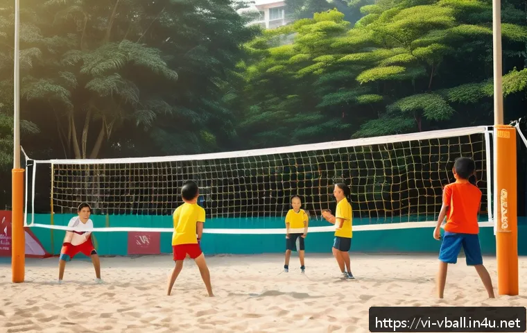 배구의 인기 상승과 이유 - A vibrant outdoor volleyball scene in a Vietnamese community park during a sunny afternoon, featurin...