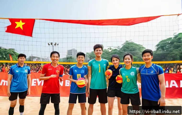 배구 관련 기부 활동 - A vibrant community volleyball match in a large outdoor court in Hanoi, featuring diverse teams of y...