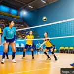 Home 21 배구 관련 영화 - A dynamic volleyball match scene set in a vibrant indoor gymnasium with a diverse team of young Viet...
