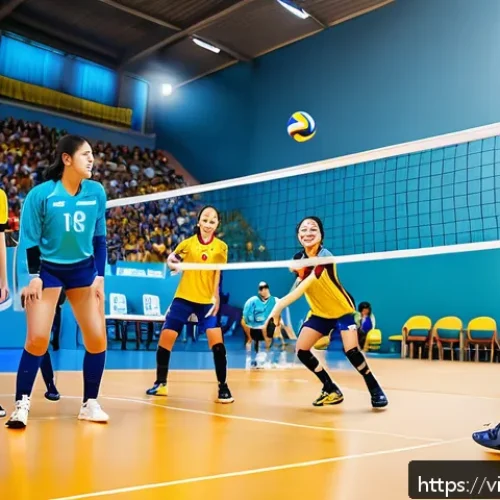 Home 33 배구 관련 영화 - A dynamic volleyball match scene set in a vibrant indoor gymnasium with a diverse team of young Viet...