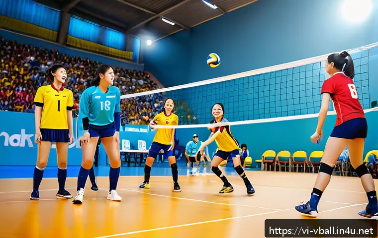배구 관련 영화 - A dynamic volleyball match scene set in a vibrant indoor gymnasium with a diverse team of young Viet...