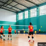 Home 19 배구 규칙 시험 준비 - A dynamic volleyball match scene on an indoor court in Vietnam, featuring a diverse team of Vietname...