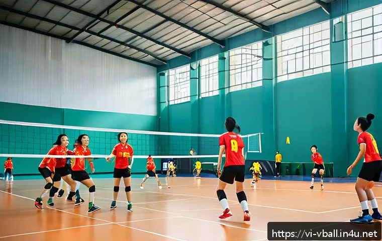 배구 규칙 시험 준비 - A dynamic volleyball match scene on an indoor court in Vietnam, featuring a diverse team of Vietname...