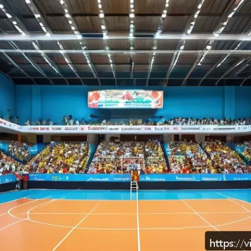 Home 17 배구 관련 이벤트 홍보 - A modern indoor volleyball arena in Ho Chi Minh City, Vietnam, filled with enthusiastic fans wearing...